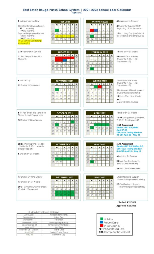 East Baton Rouge Parish Schools Calendar 2022-2023