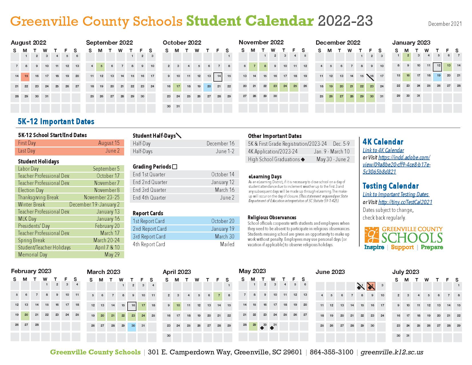 Greenville County Schools Calendar 20222023 in PDF Public Holidays