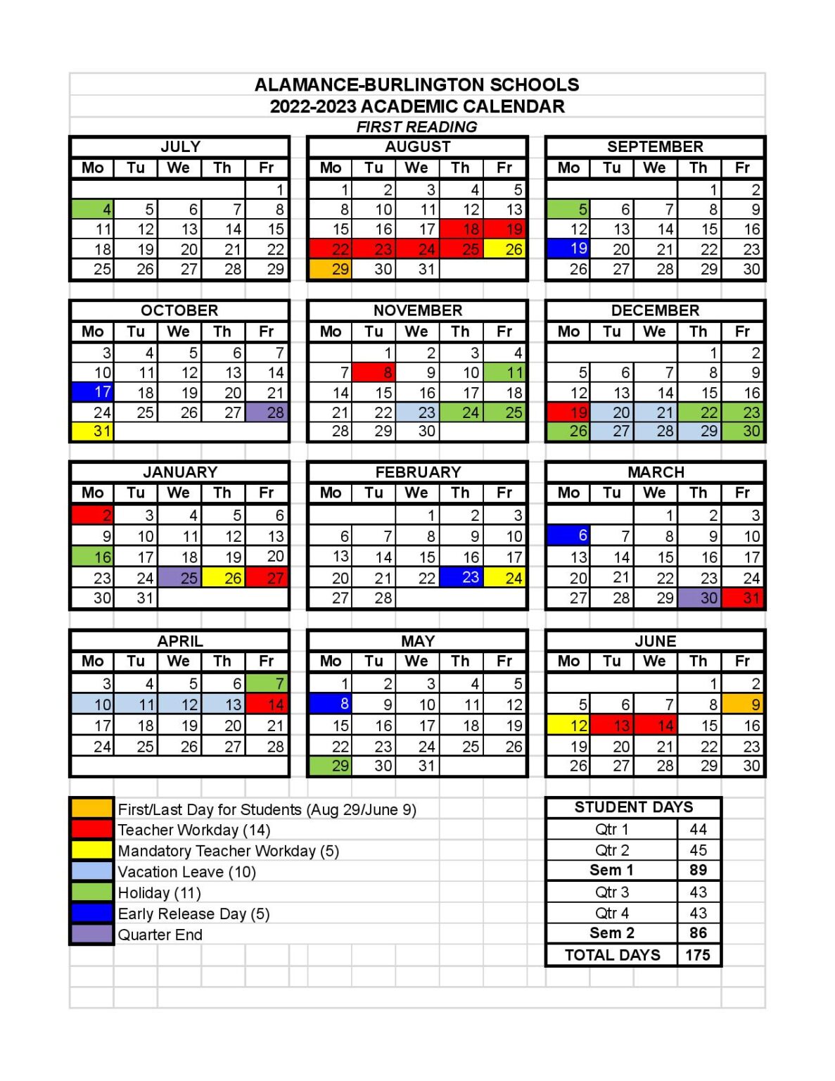 Alamance-Burlington Schools Calendar 2022-2023 in PDF