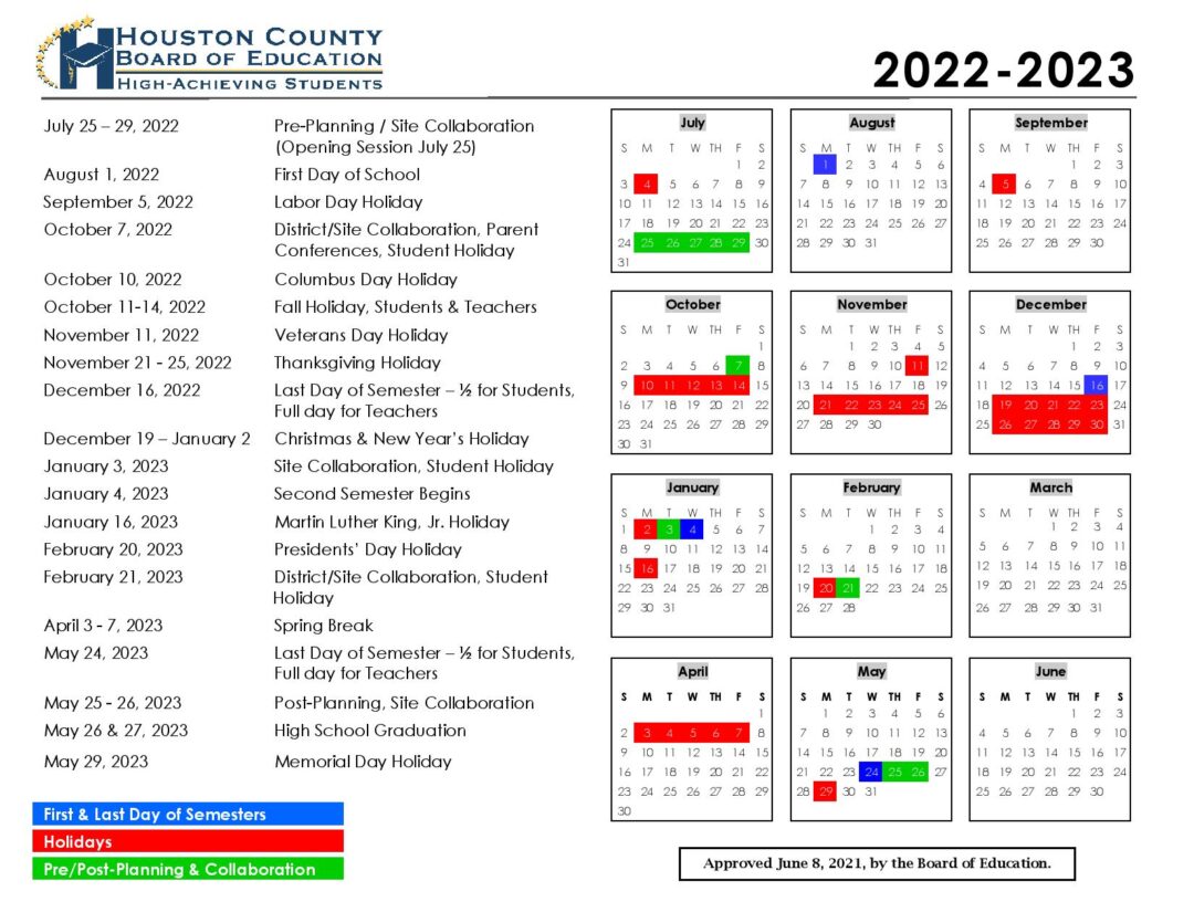 Houston County Schools Calendar 2022-2023 in PDF