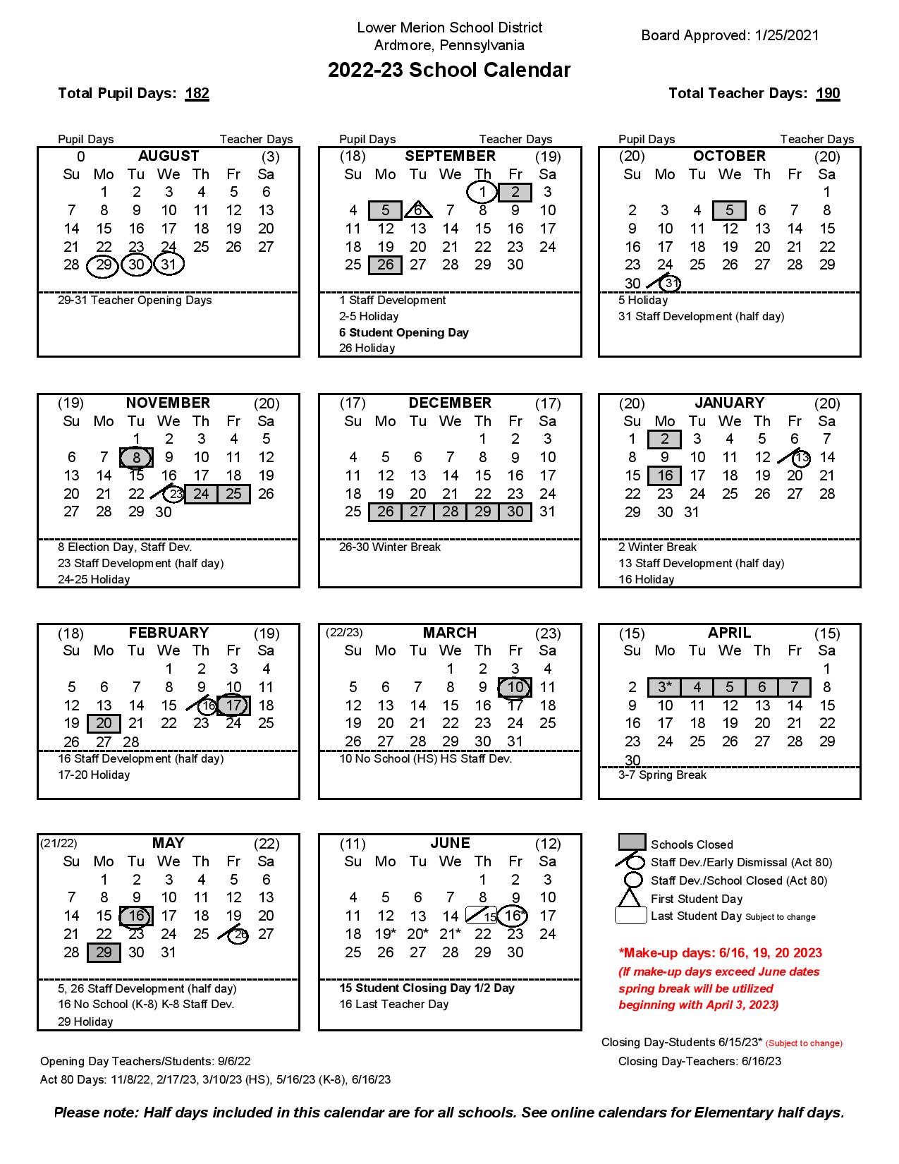 Lower Merion School District Calendar 2022 2023 in PDF