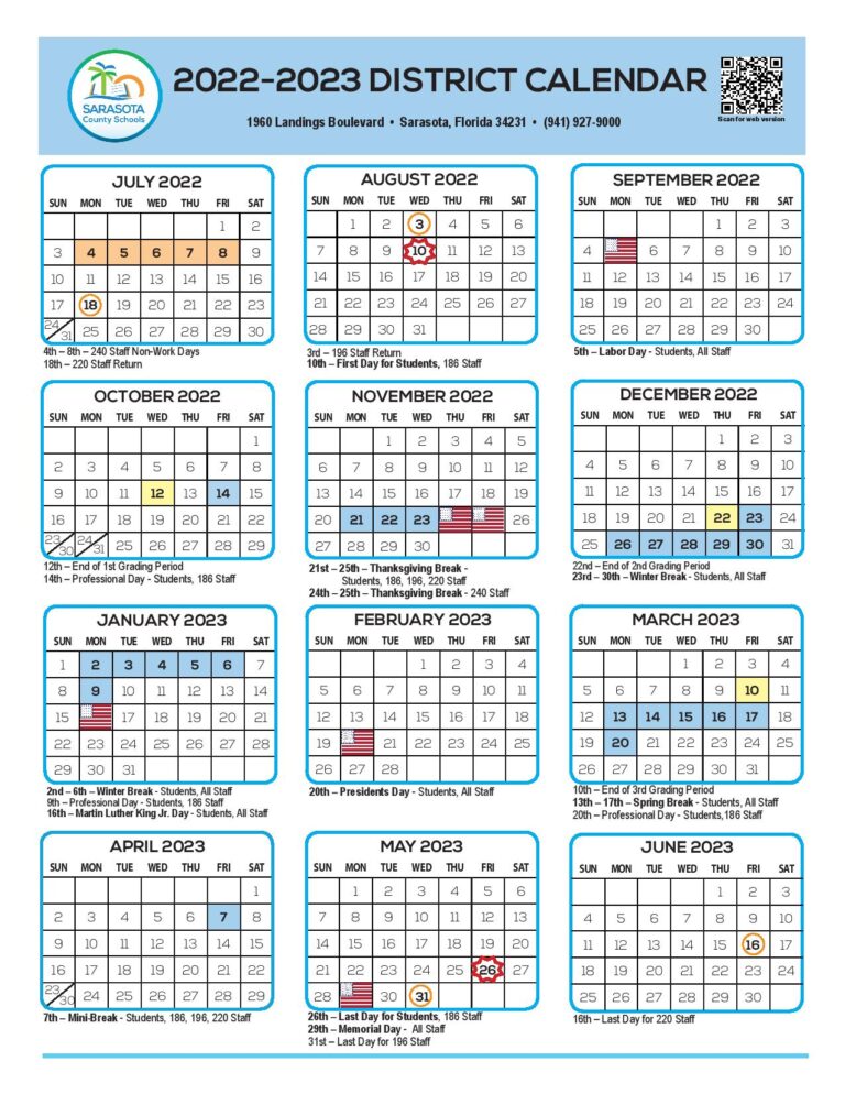 Sarasota County School Calendar 2022 2023 In PDF