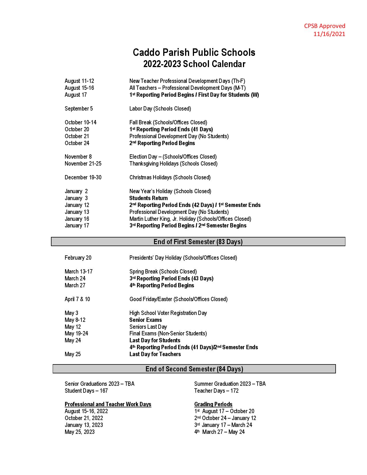 Caddo Parish Calendar - Your Daily Printable