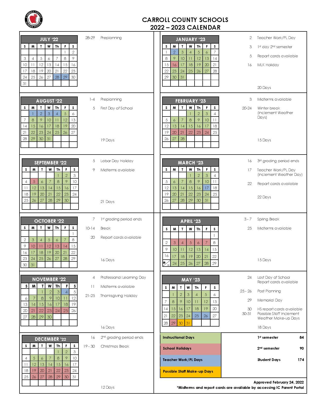 Carroll County Schools Calendar 2022-2023 in PDF