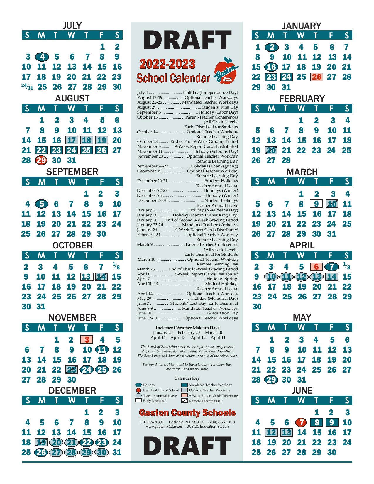 Gaston County Schools Calendar 20222023 in PDF