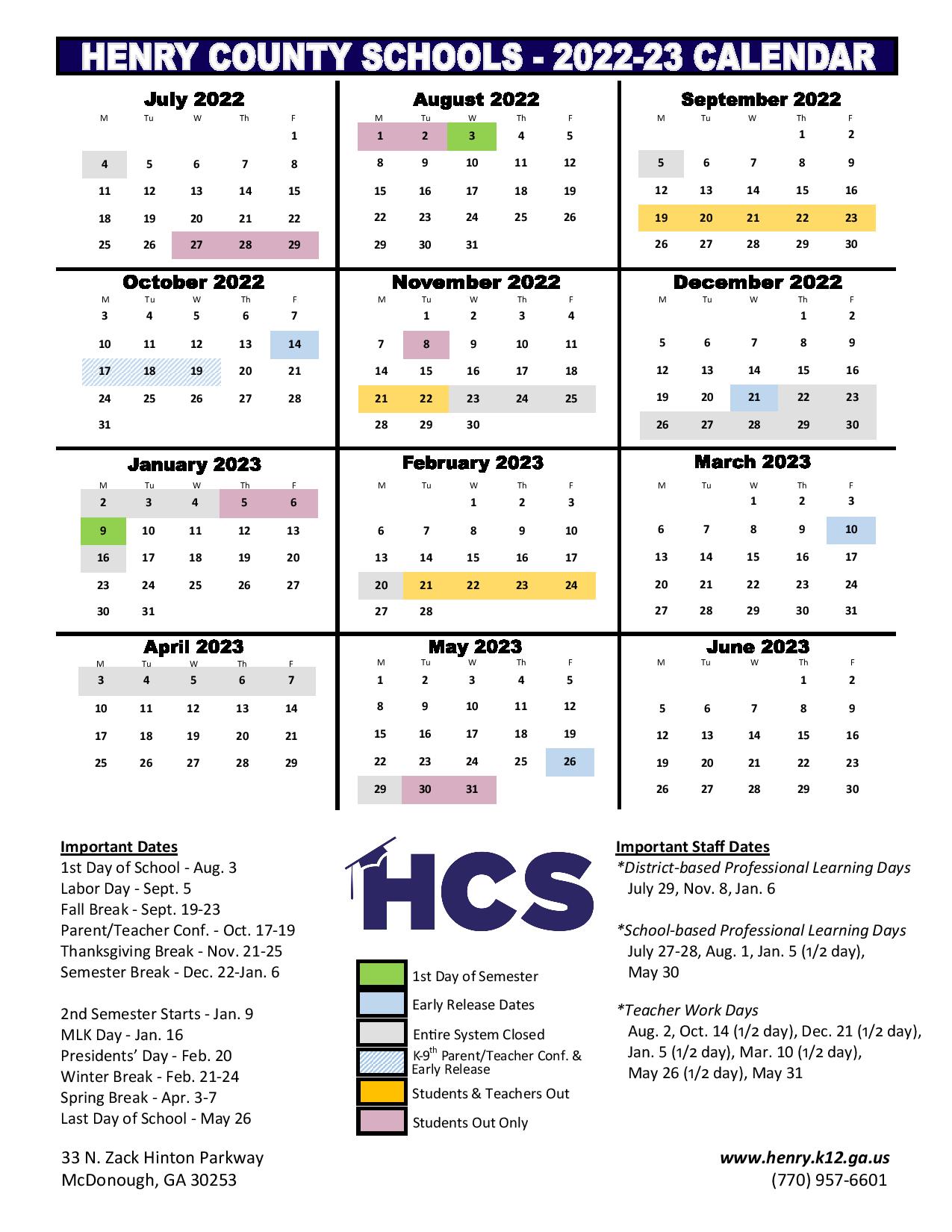 Henry County Schools Calendar 2022 2023 in PDF