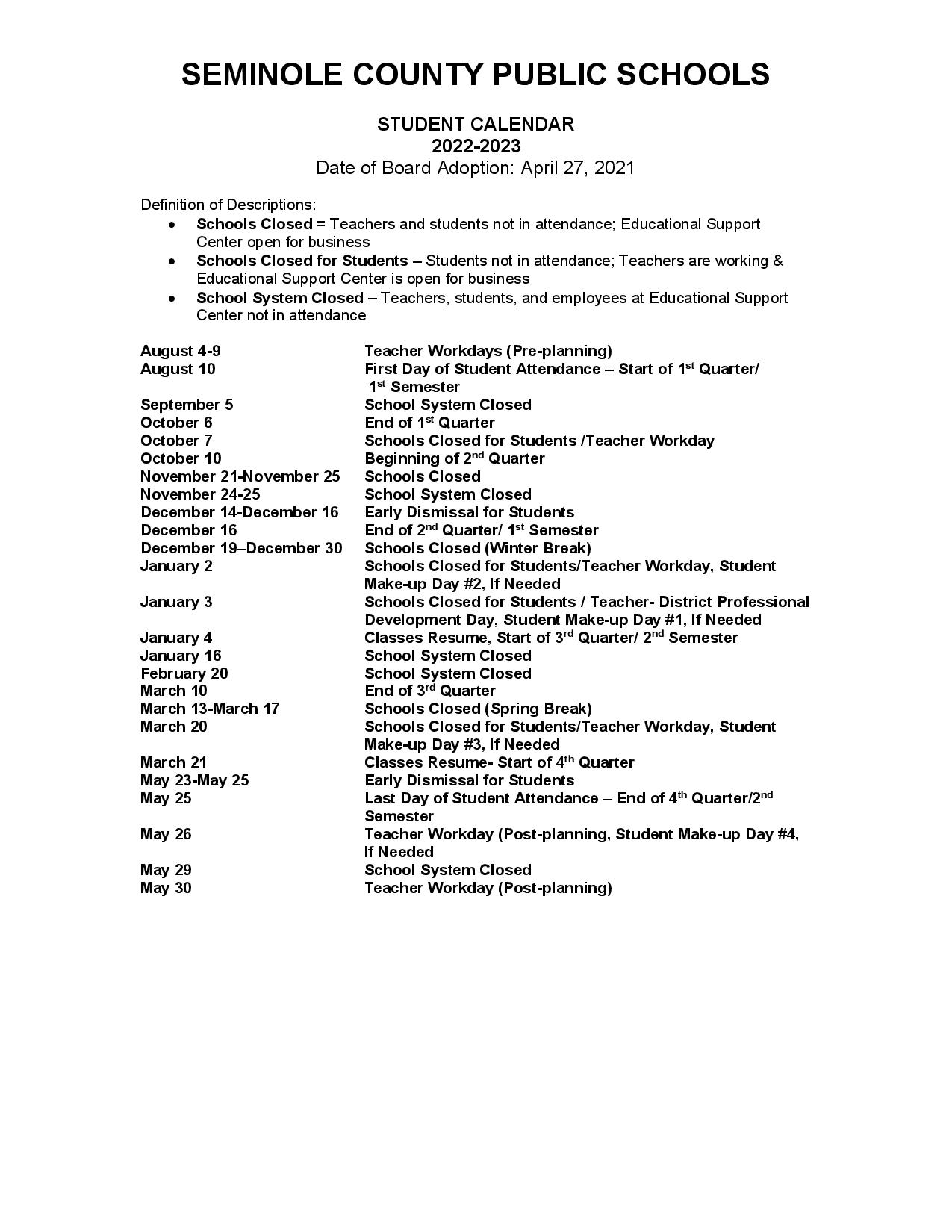 Seminole County Public Schools Calendar 2022-2023