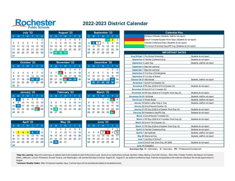 Rochester Public Schools Calendar 20222023 in PDF