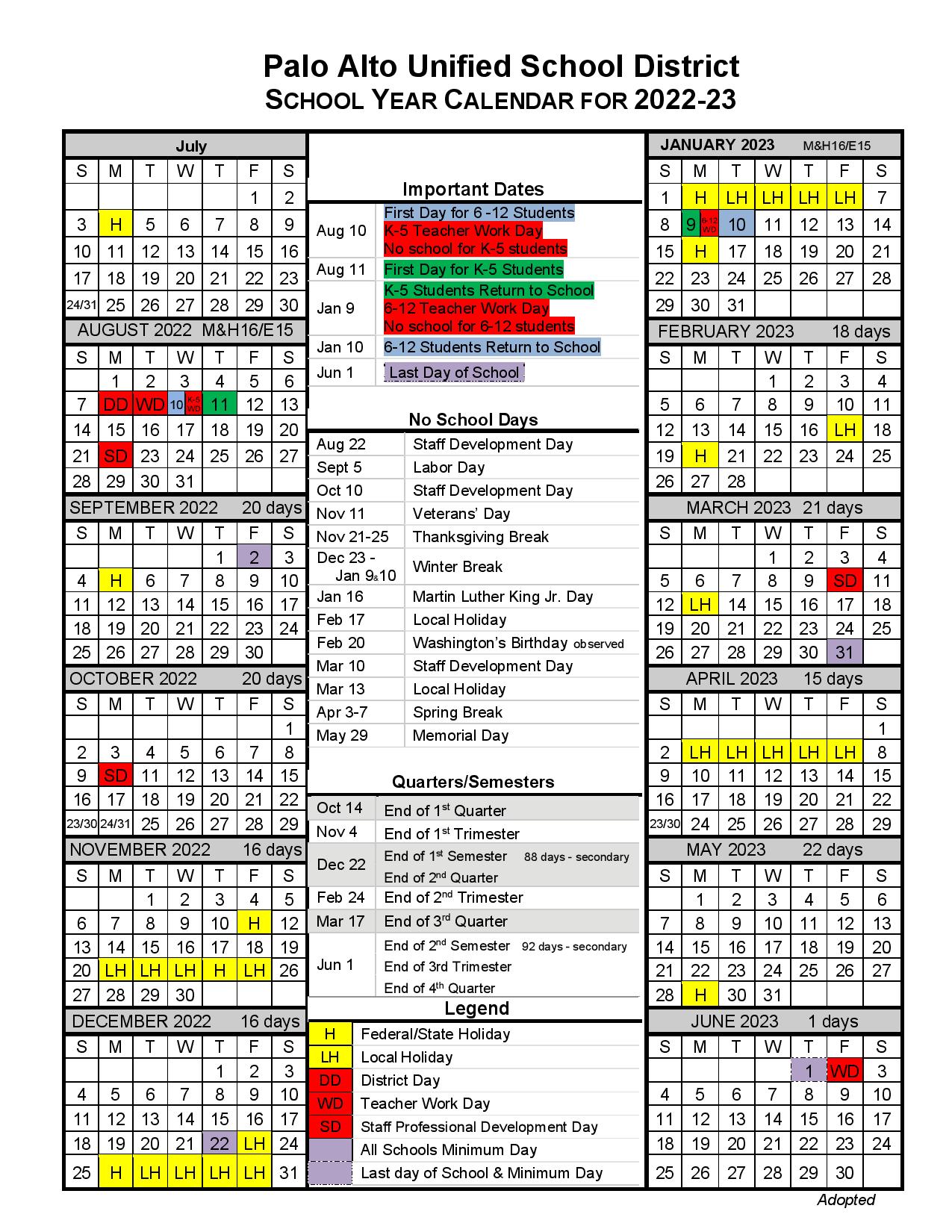 Palo Alto Unified School District Calendar 20222023