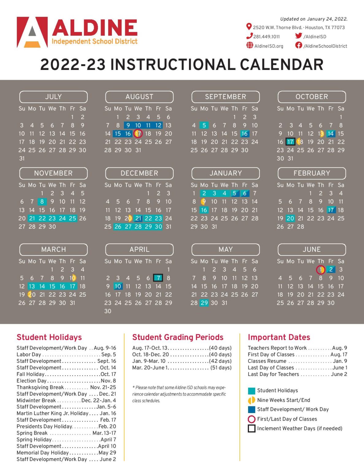 Aldine Independent School District Calendar 2022 2023