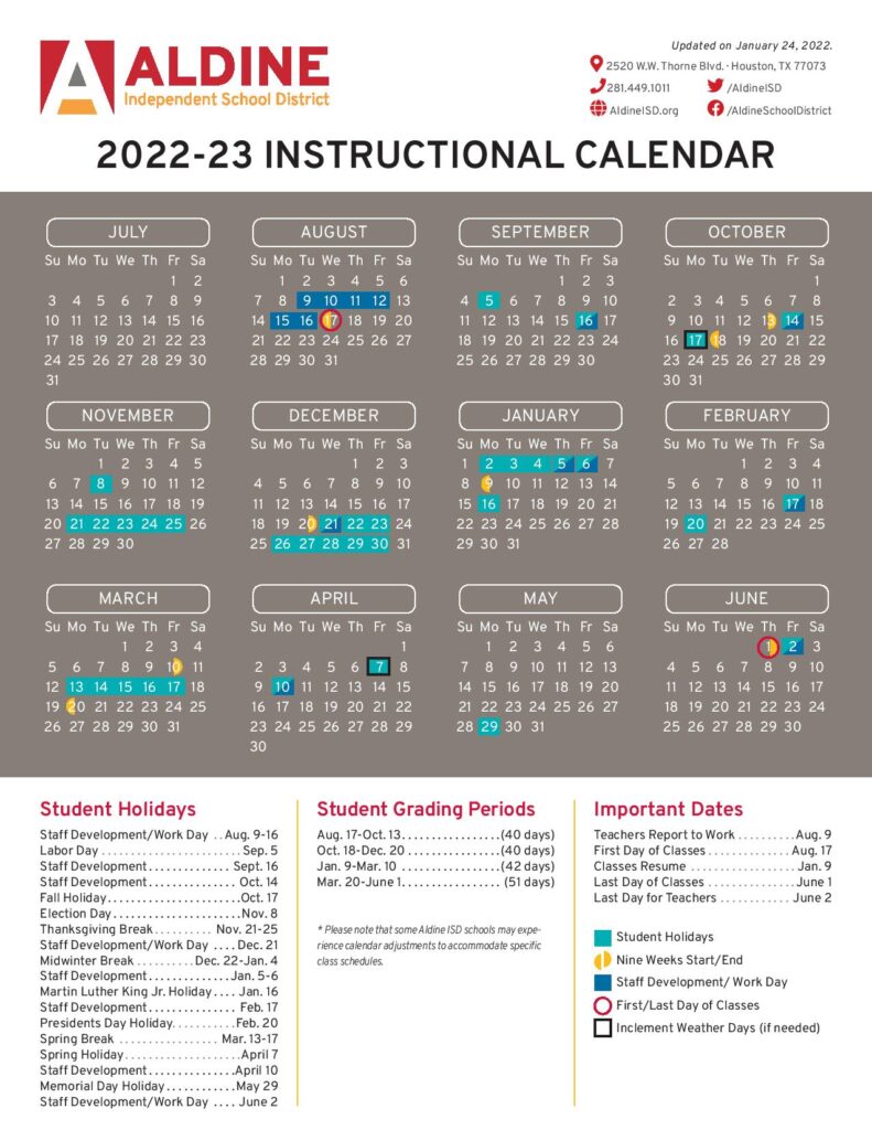 Aldine Independent School District Calendar 20222023