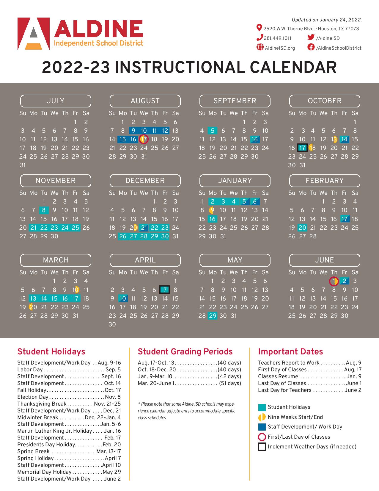 Aldine Isd Instructional Calendar Tova Ainsley 9461