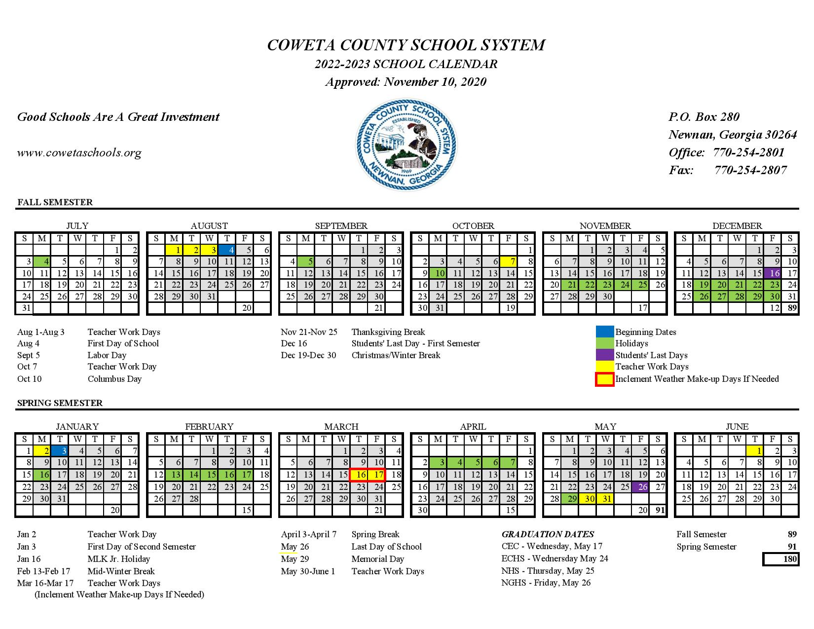 Coweta County Schools Calendar 20222023 in PDF