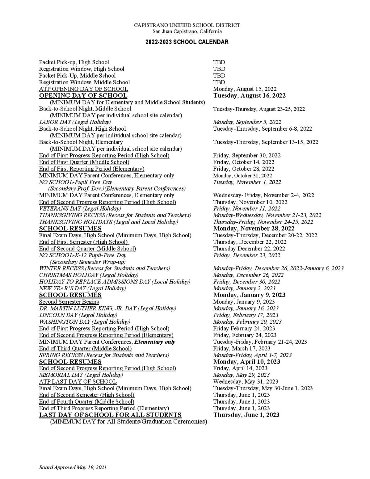 Capistrano Unified School District Calendar 2022-2023