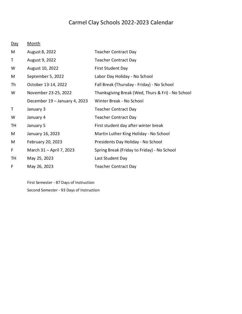 Carmel Clay Schools Calendar 2022-2023 - Holiday Calendar