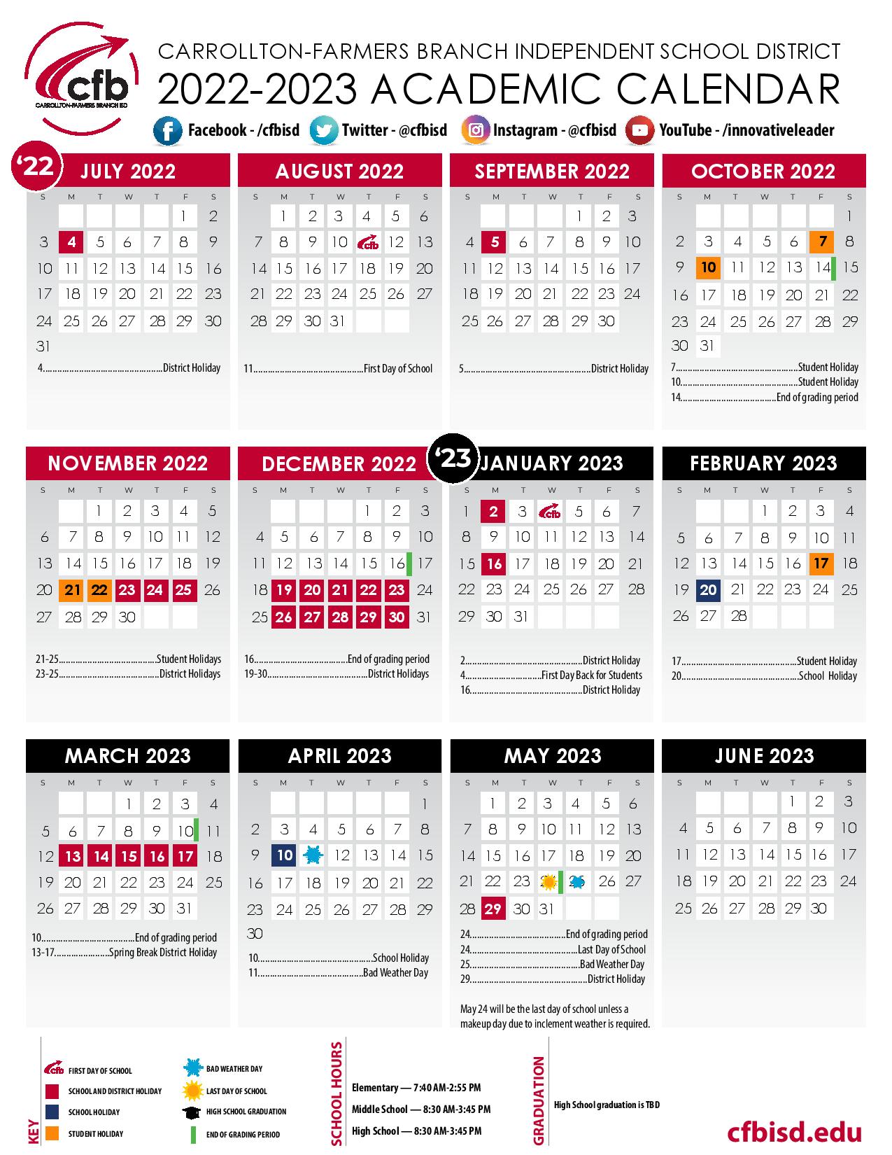 CarrolltonFarmers Branch Independent School Calendar 20222023