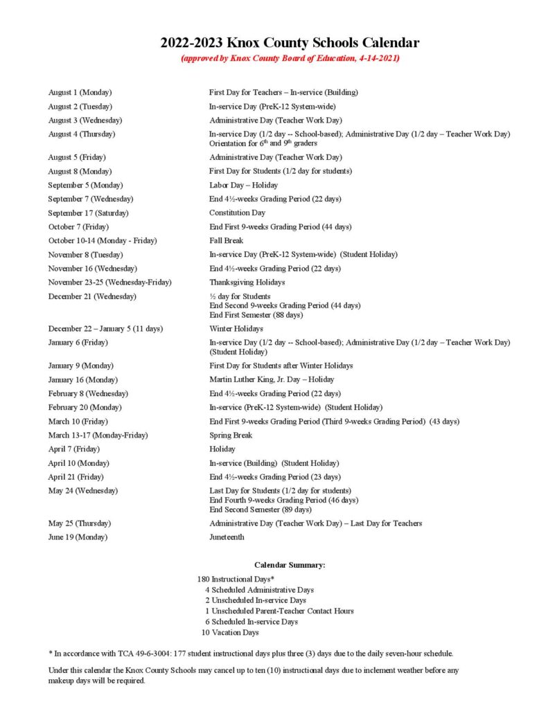 Knox County School Calendar 2022 2023 In PDF