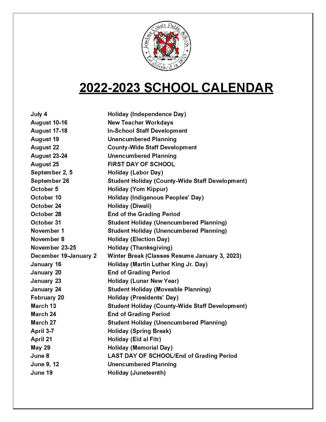 Loudoun County Public Schools Calendar 2022-2023