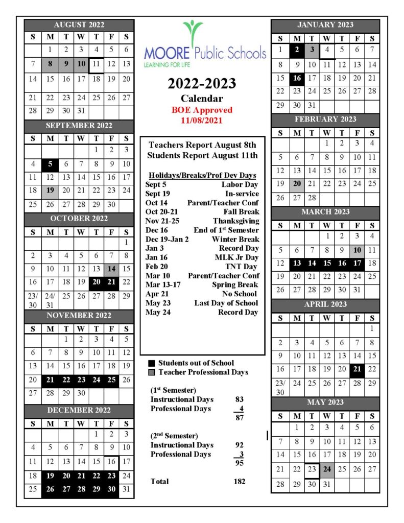 Moore Public Schools Calendar 2022-2023 in PDF