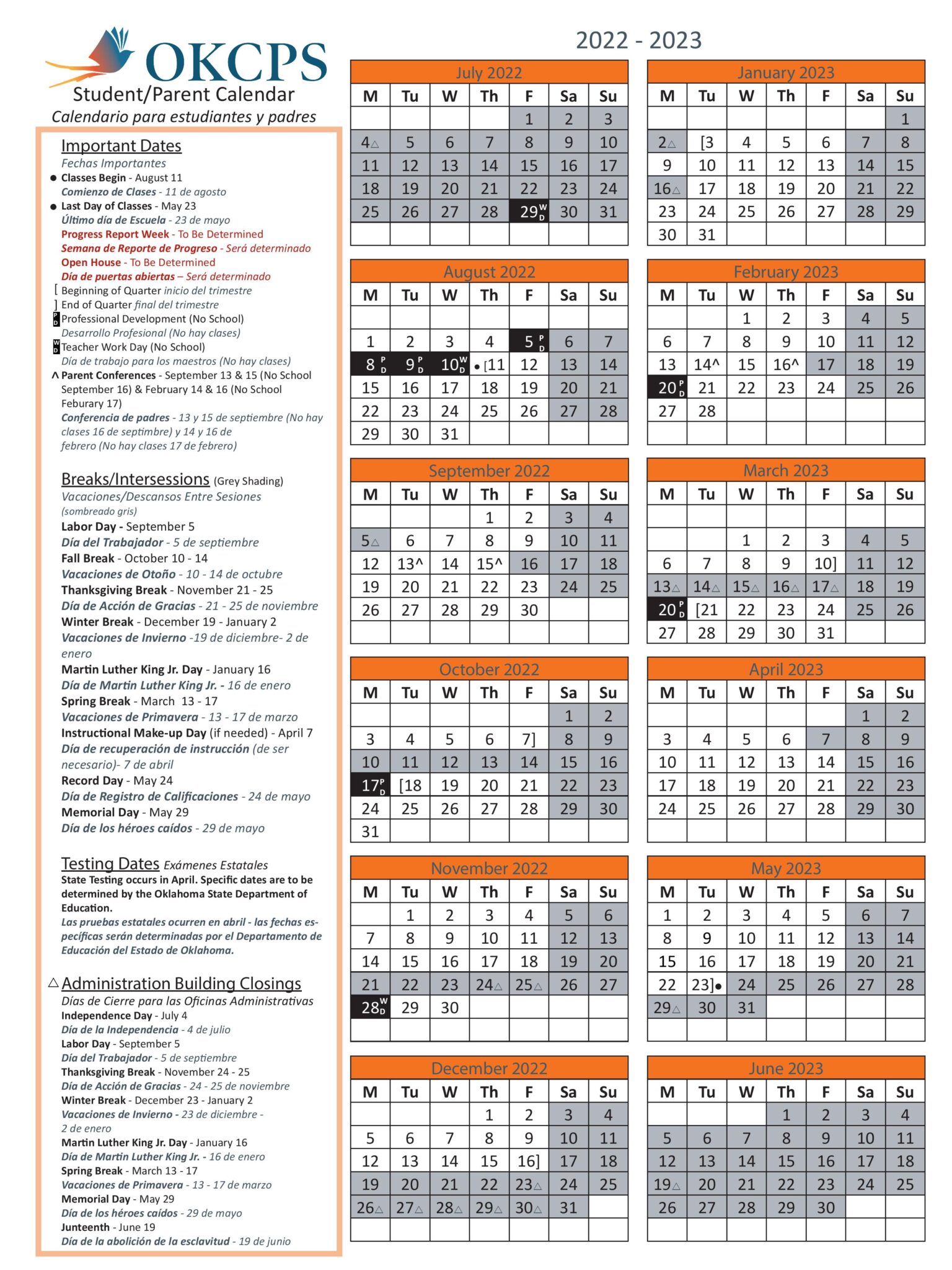 Oklahoma City Public Schools Calendar 20222023 in PDF