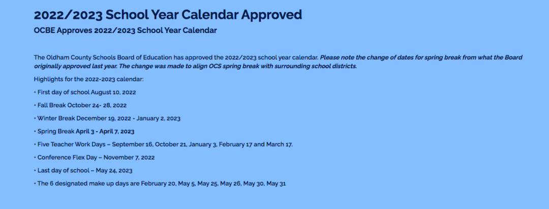 Oldham County Schools Calendar 2022-2023 in PDF