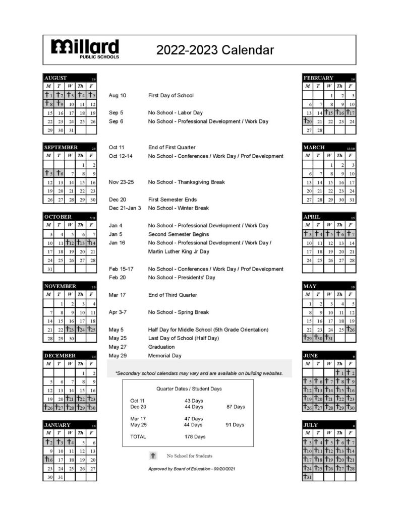 Millard Public Schools Calendar 20222023 in PDF