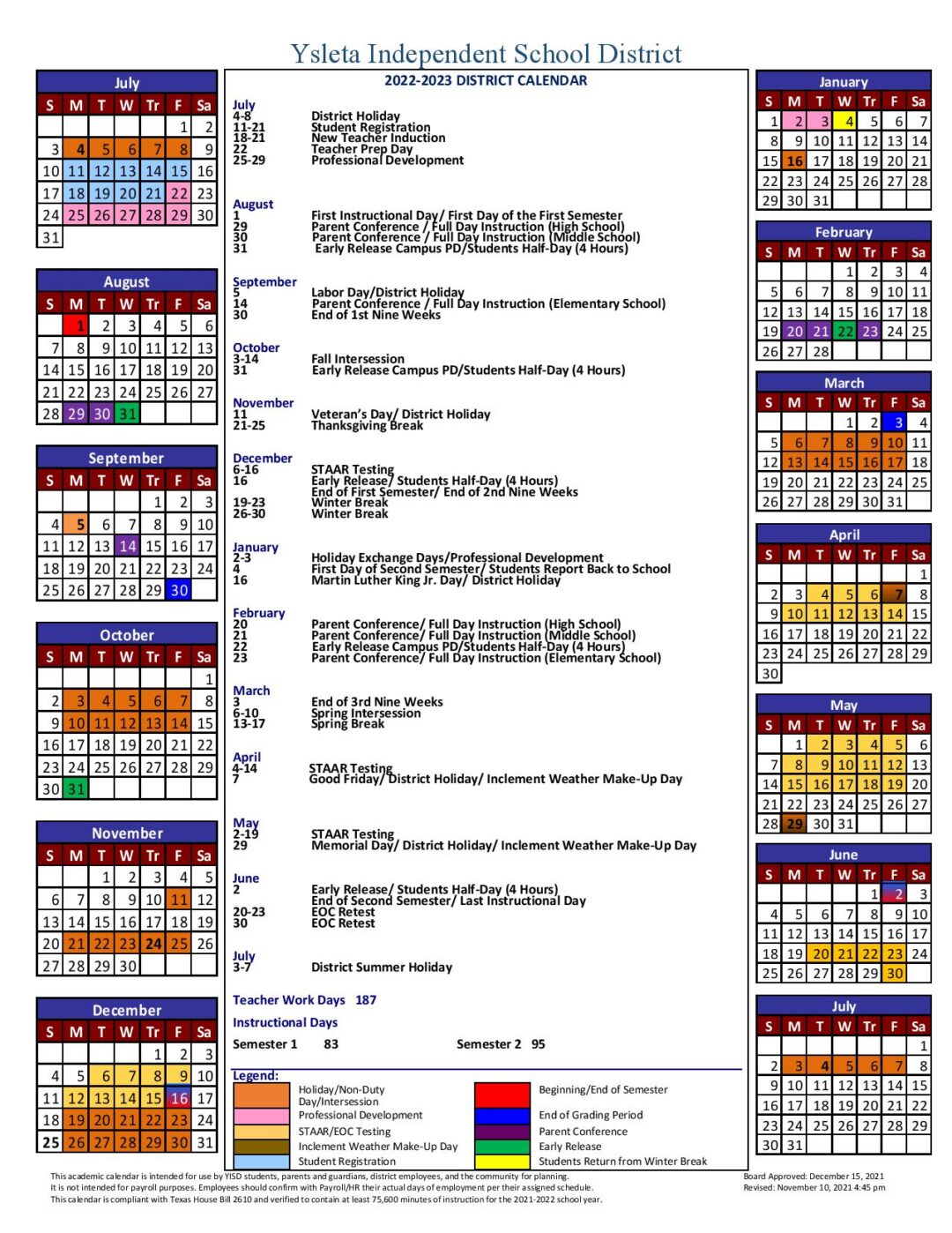 Ysleta Independent School District Calendar 20222023