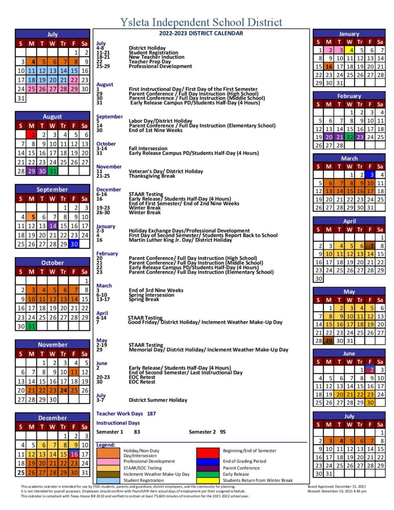 Ysleta Independent School District Calendar 791x1024 