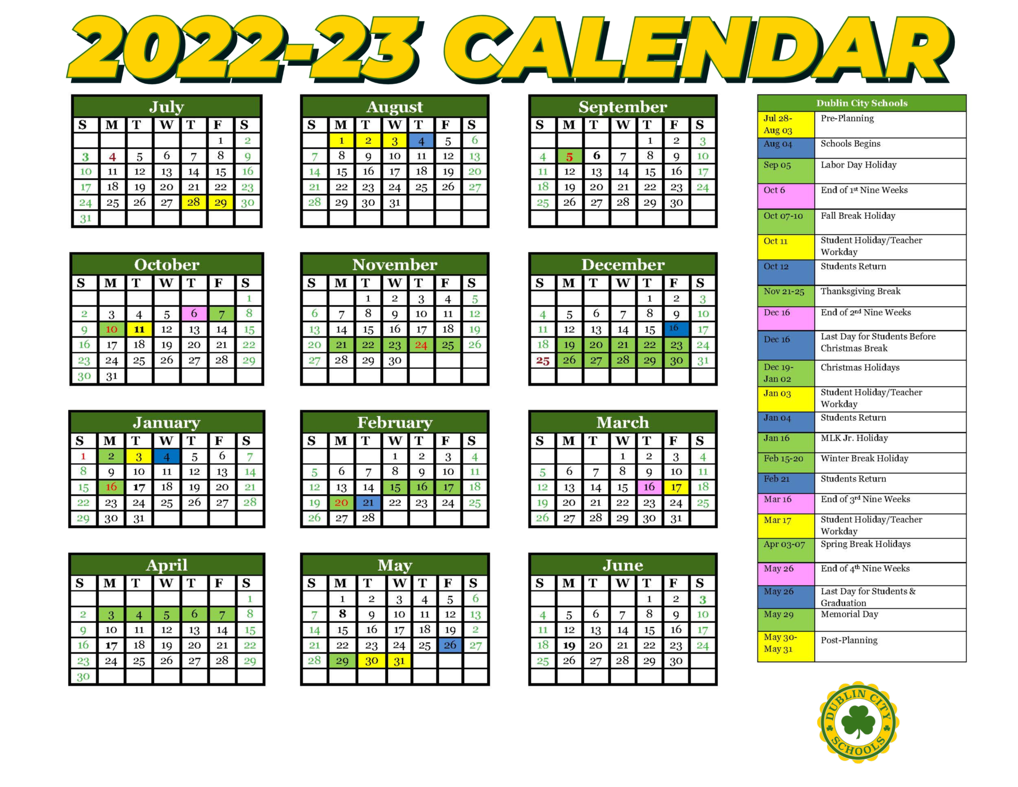 Dublin City Schools Calendar Holidays 2022 2023 in PDF