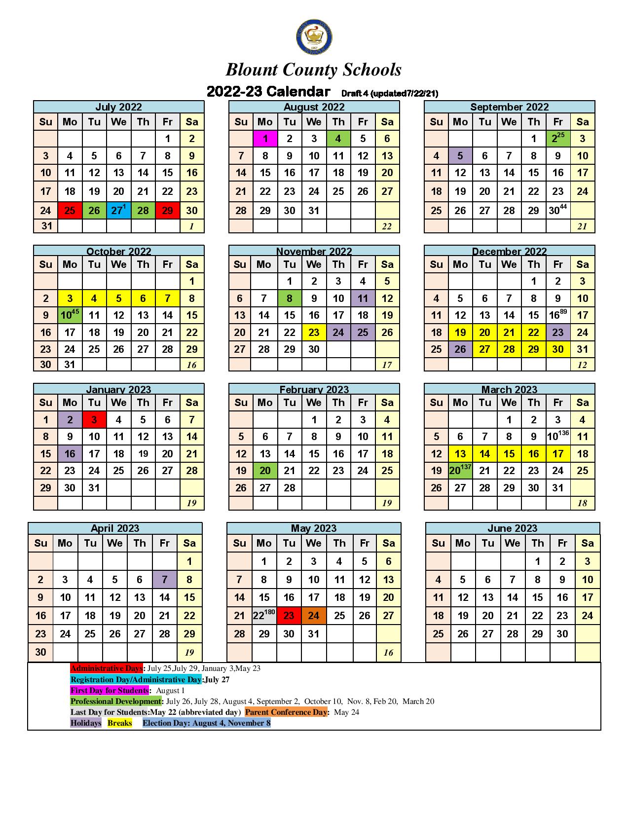 Blount County Schools Calendar 2022-2023 in PDF Format