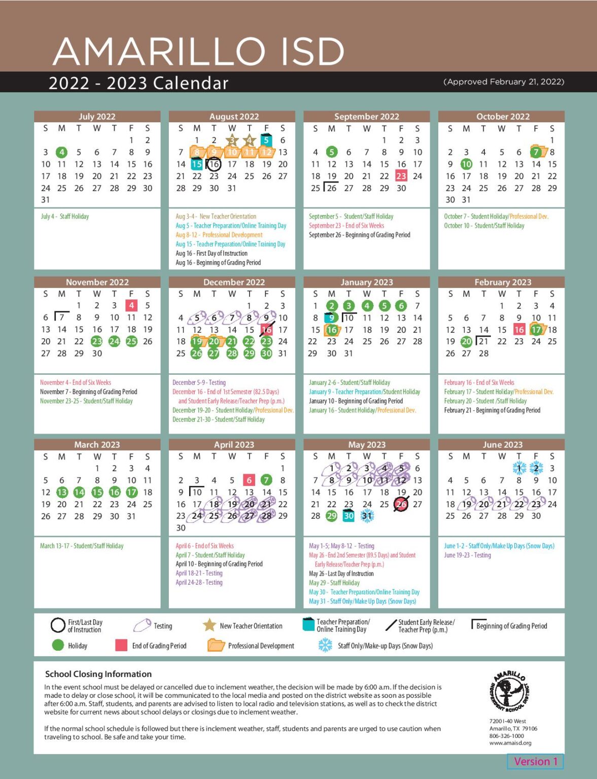 Amarillo Independent School District Calendar 20222023