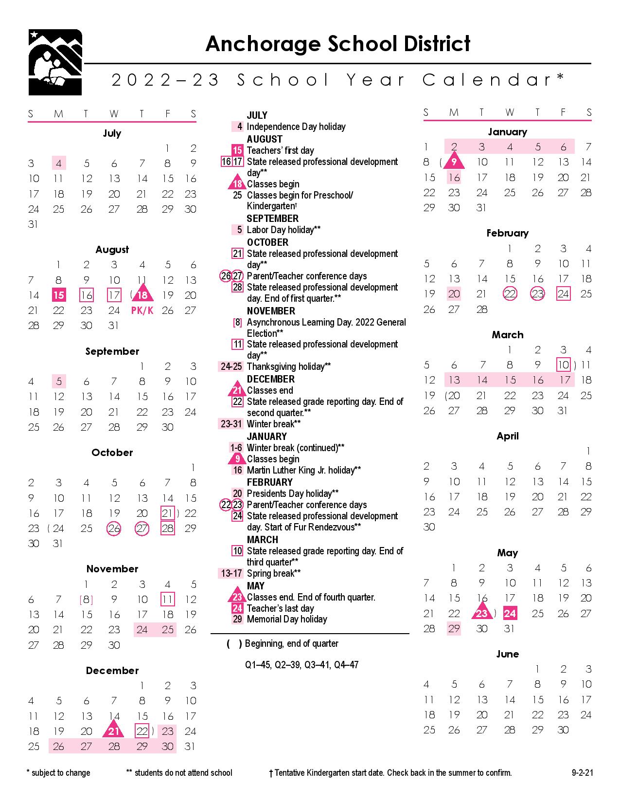 Anchorage School District Calendar 2022 and 2023