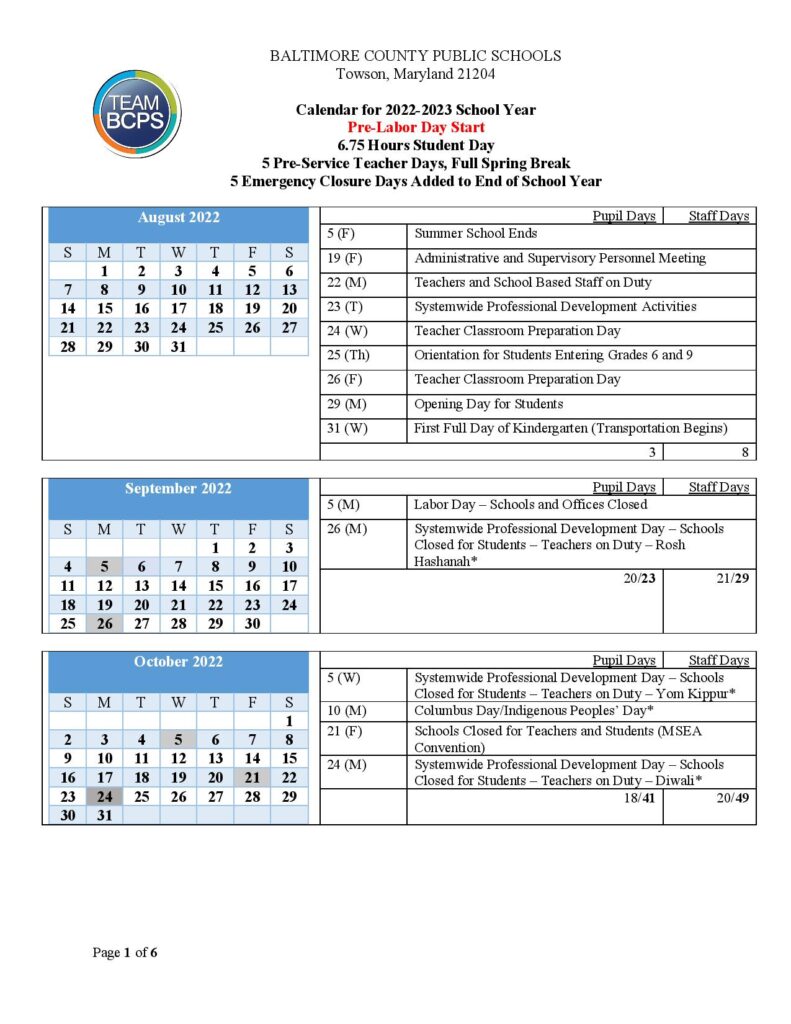 Baltimore County Public Schools Calendar 2022-2023