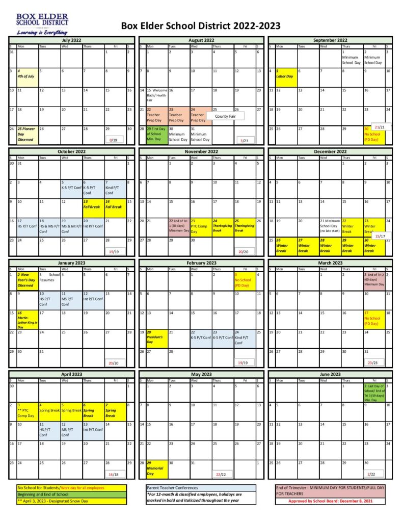 Box Elder School District Calendar 2022-2023 & Holidays