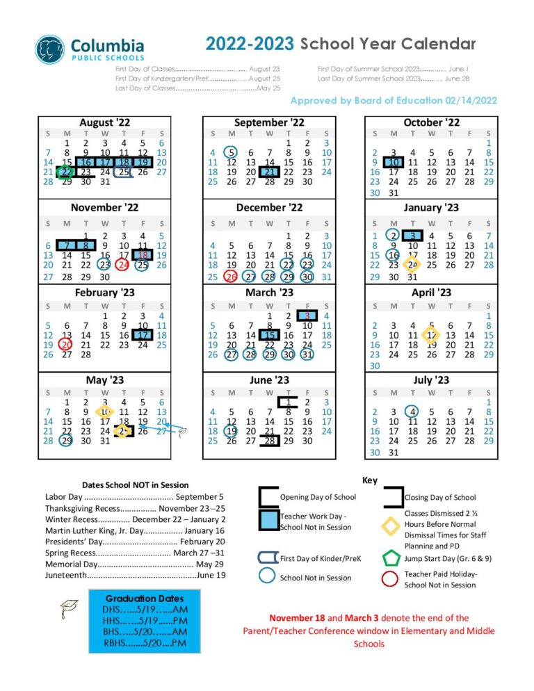 Columbia Public Schools Calendar 2022-2023 in PDF