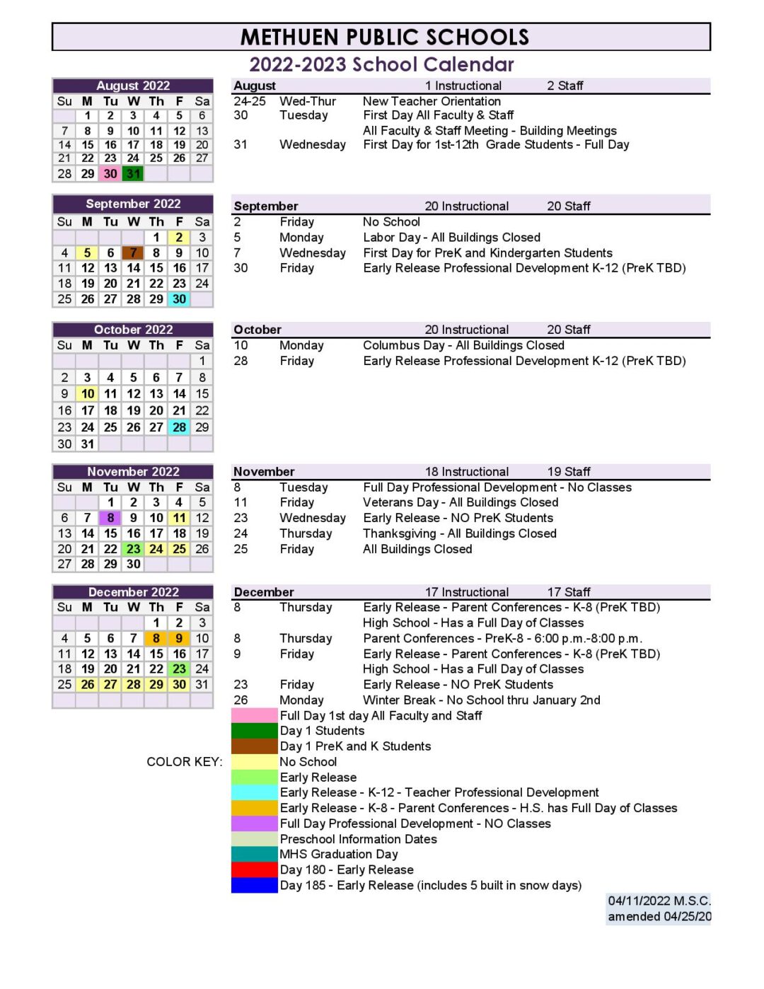 Methuen Public Schools Calendar 20222023 (Academic Session)