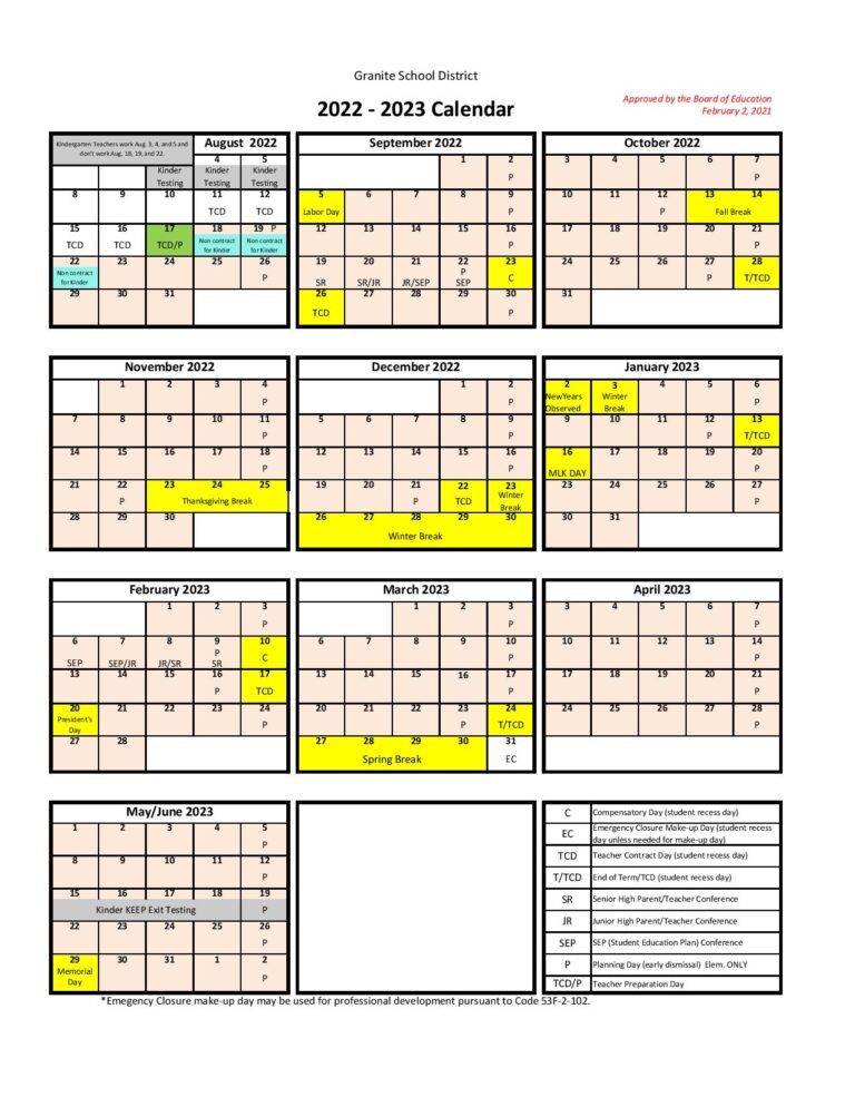 Granite School District Calendar 2022-2023 in PDF