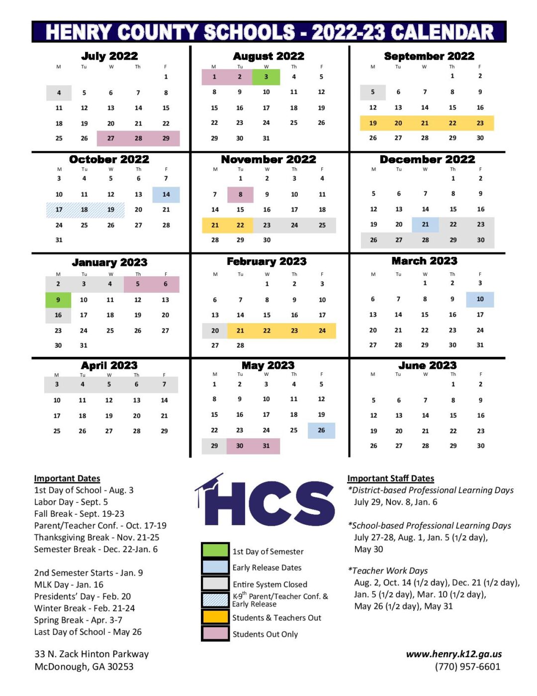 Henry County School Calendar 2022 2023 In PDF