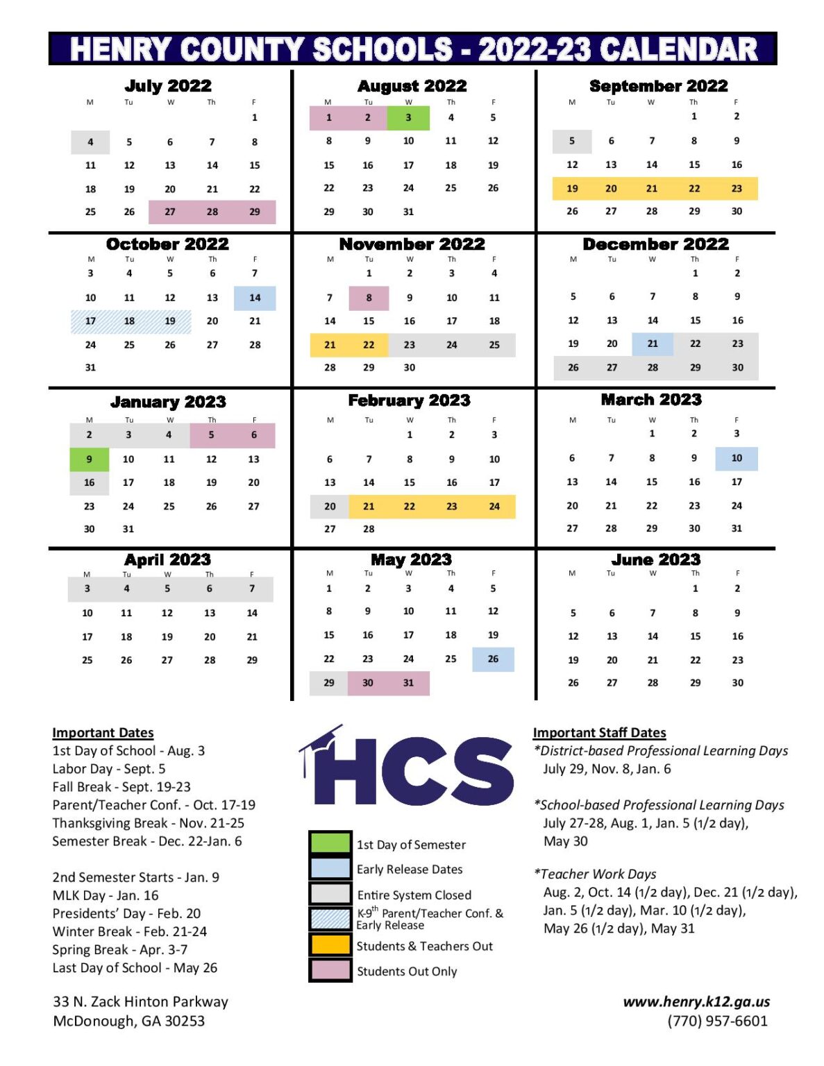 Henry County School Calendar 2022-2023 in PDF
