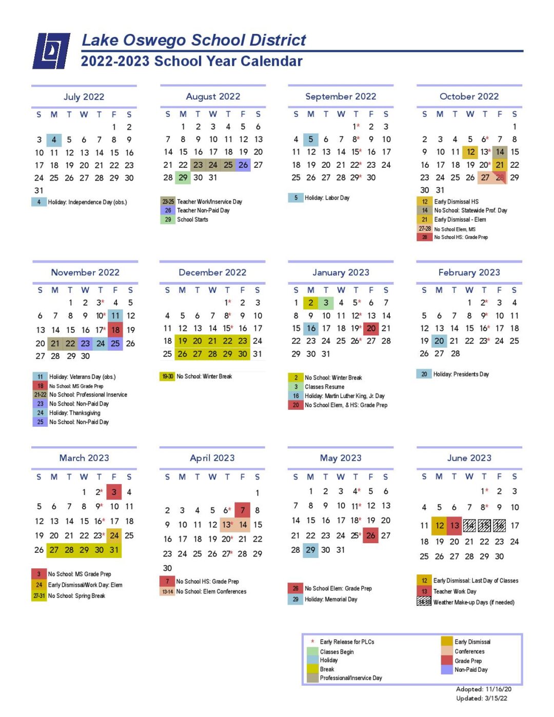 Lake Oswego School District Calendar 20222023 PDF