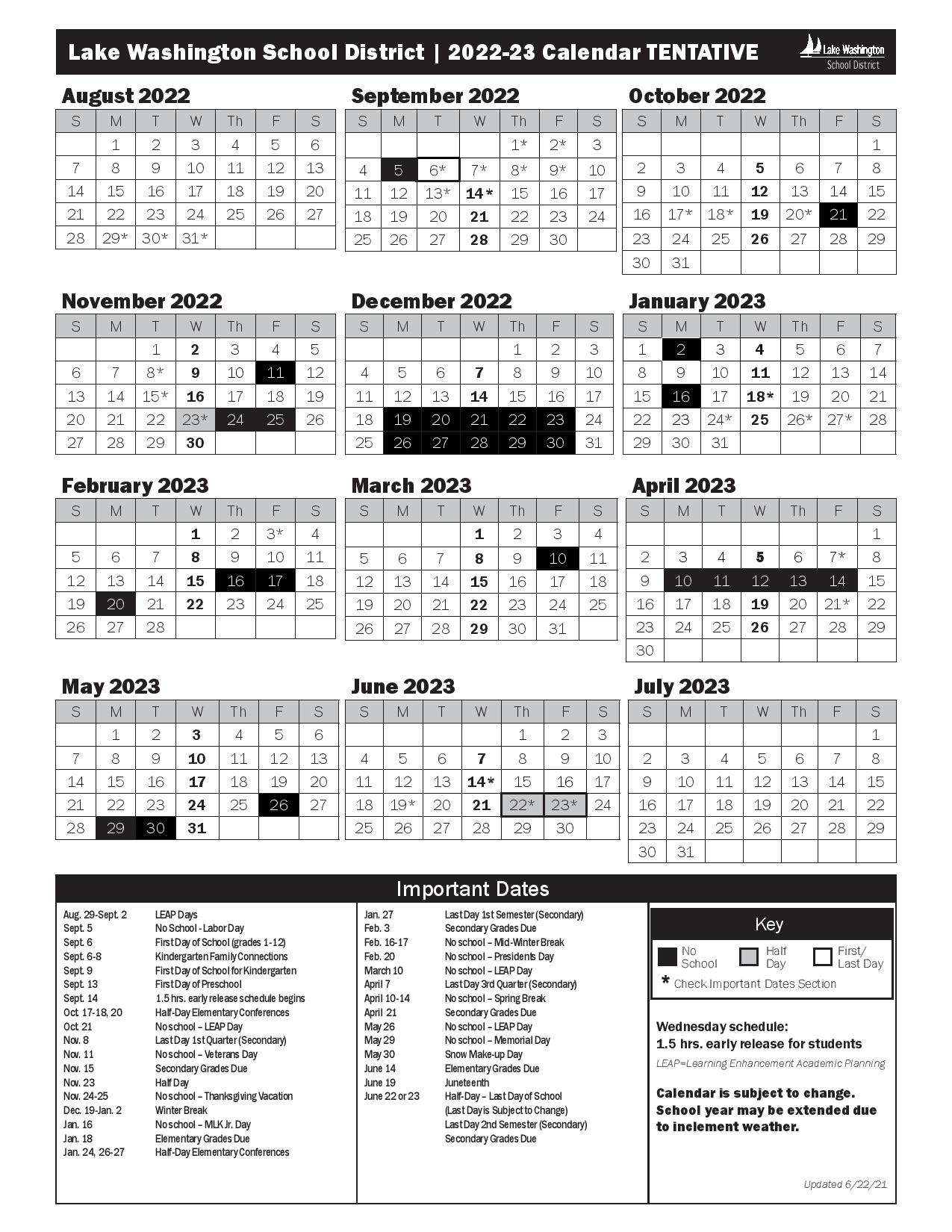 Lake Washington School District Calendar 2022-2023