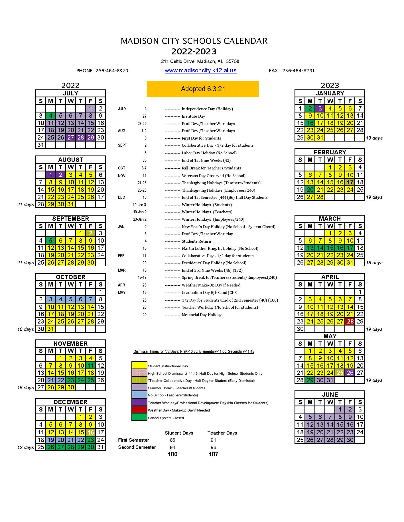 Madison City Schools Calendar 20222023 in PDF