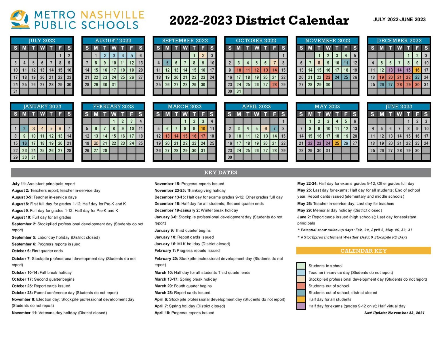 Metro Nashville Public Schools Calendar 2022-2023