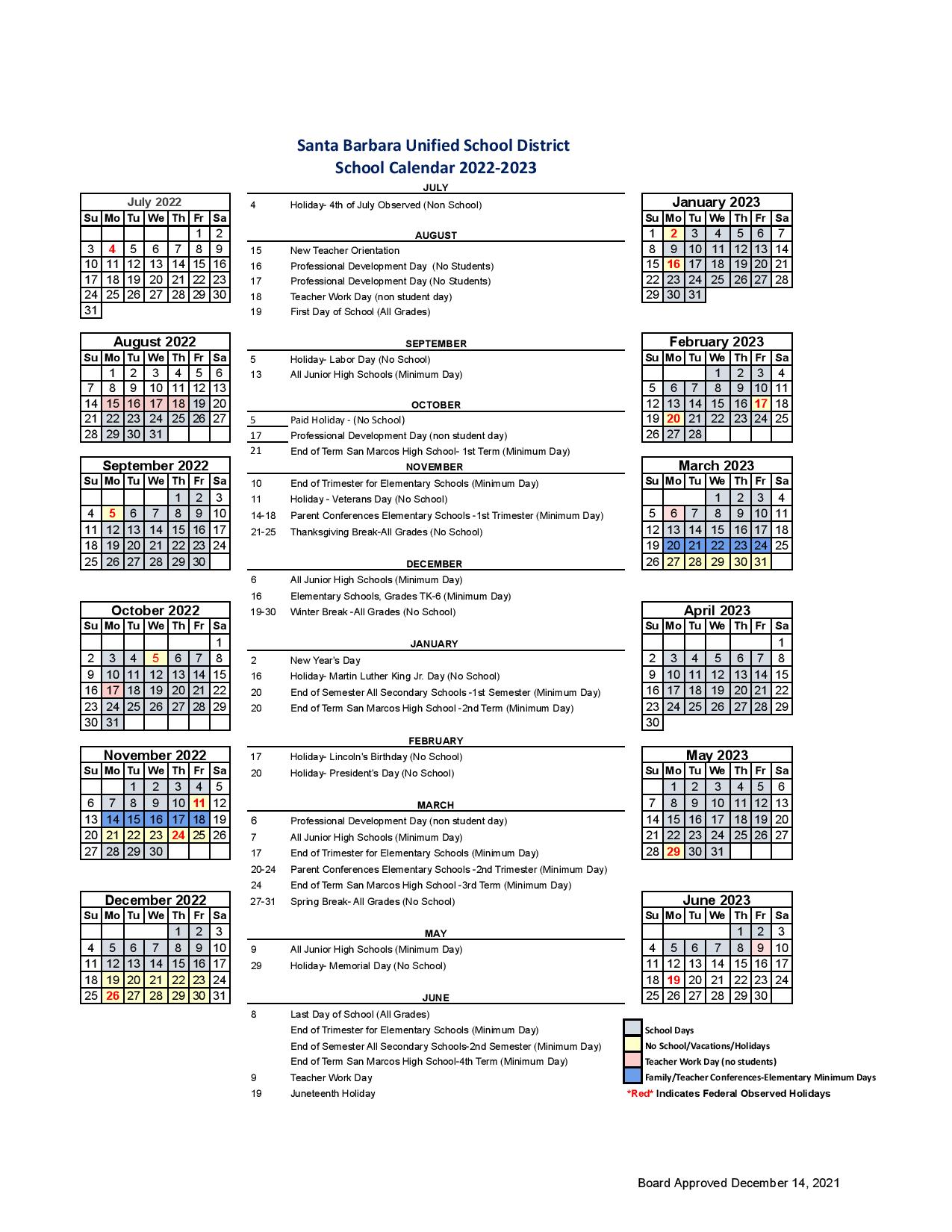 Santa Barbara Unified Calendar Rea Leland