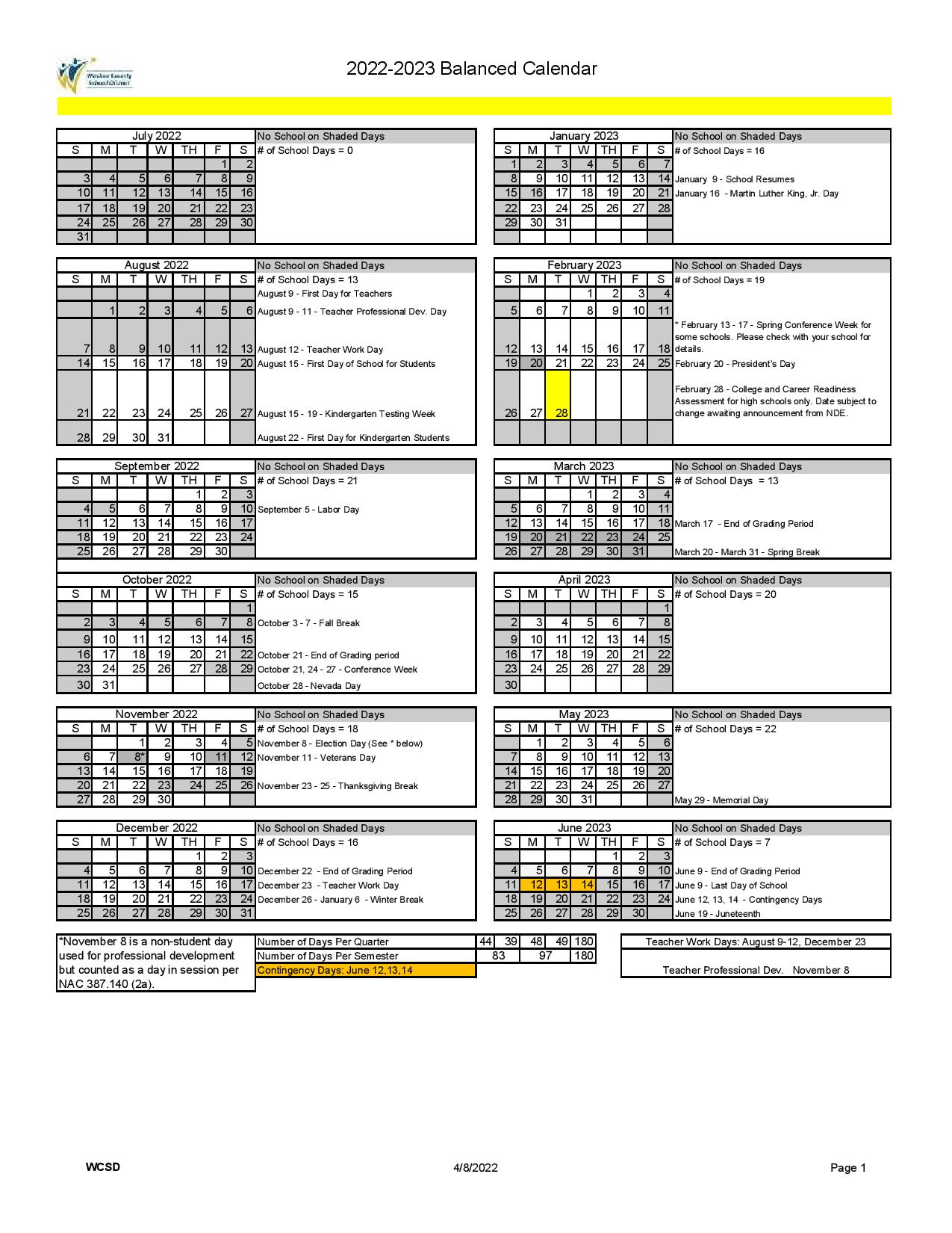 Washoe County School District Calendar 2022-2023