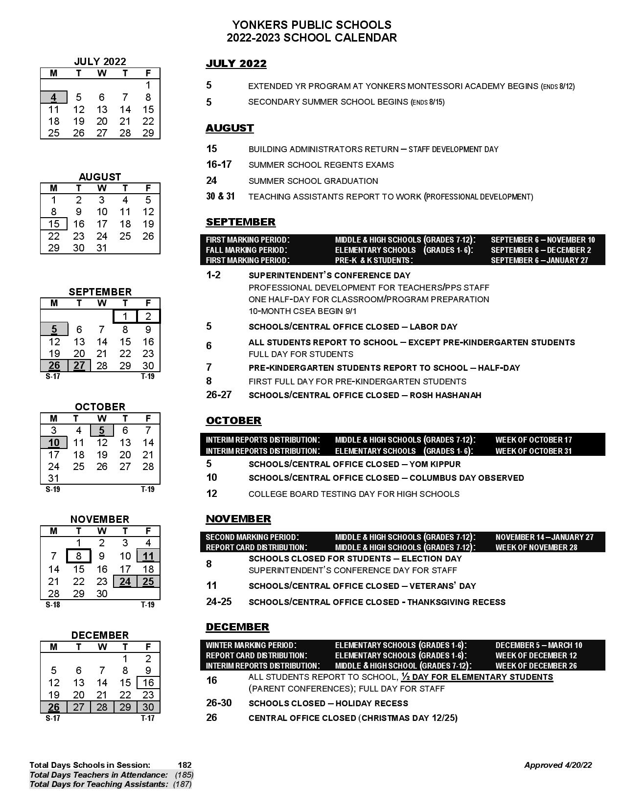 Yonkers Public Schools Calendar 20222023 in PDF