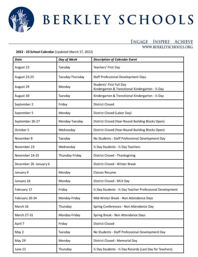 Berkley School District Calendar 20222023 in PDF