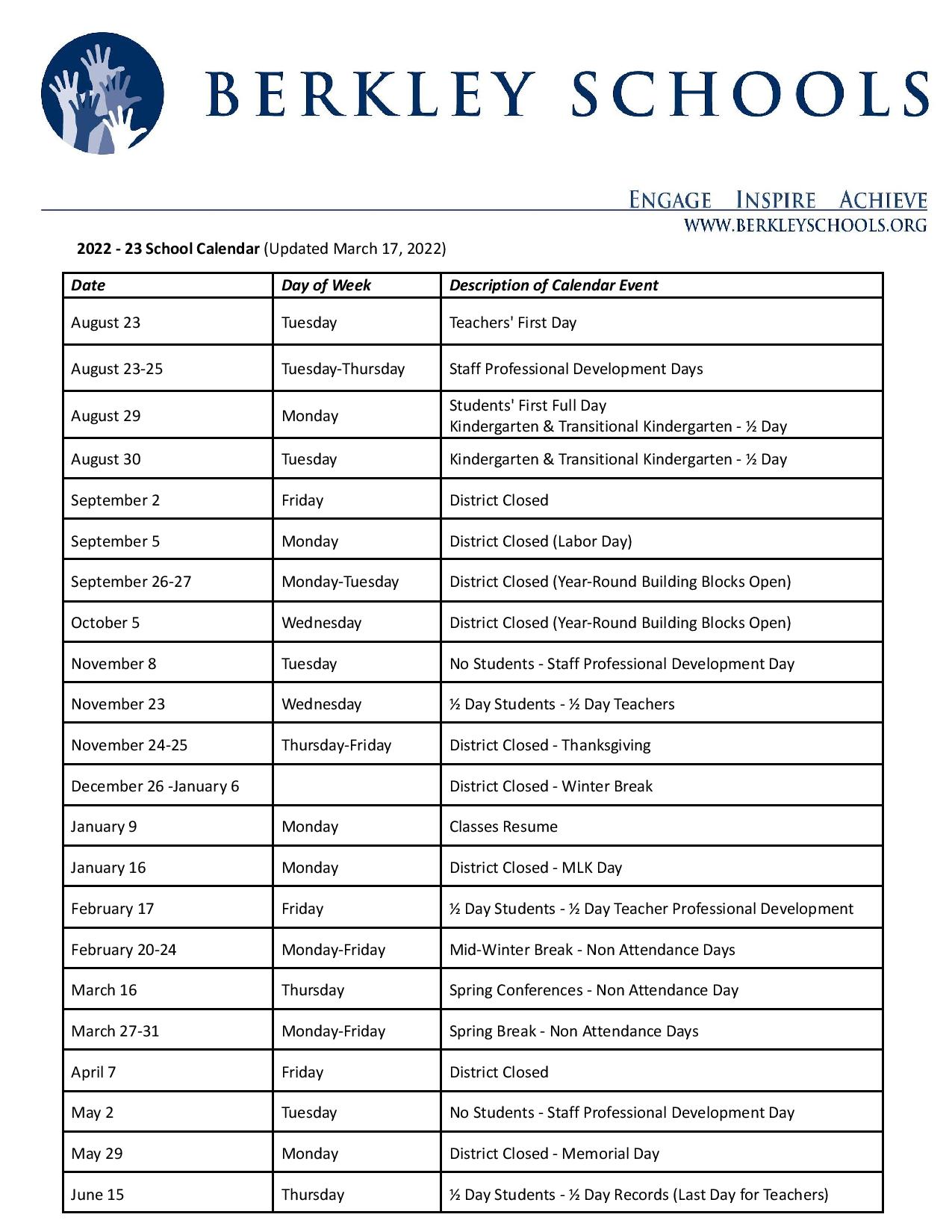 Berkley School District Calendar 20222023 in PDF