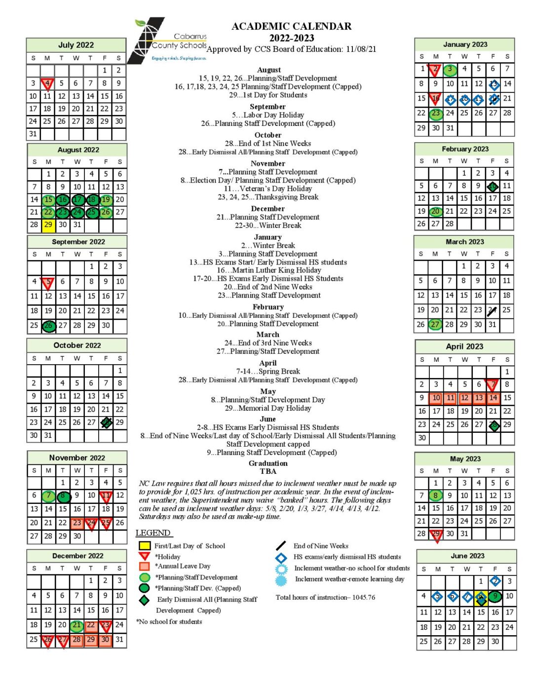 Cabarrus County Schools Calendar 20222023 in PDF
