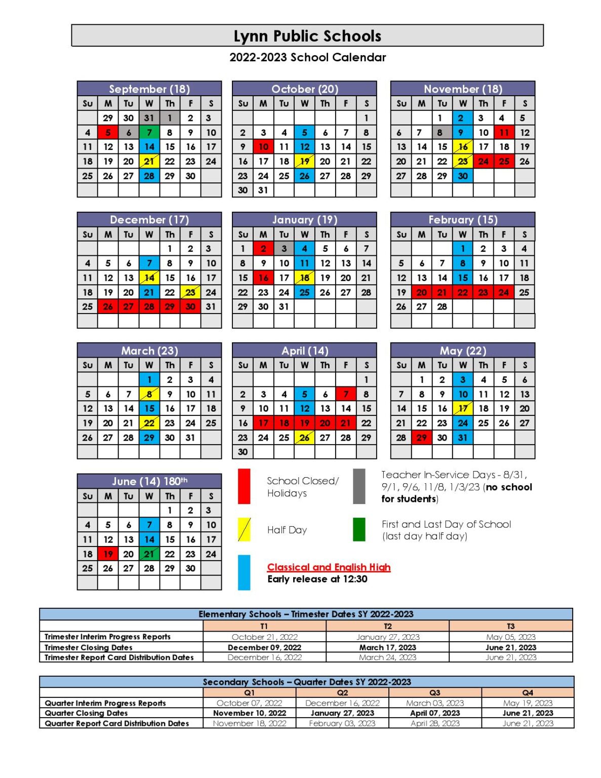 Lynn Public Schools Calendar 2022-2023 in PDF